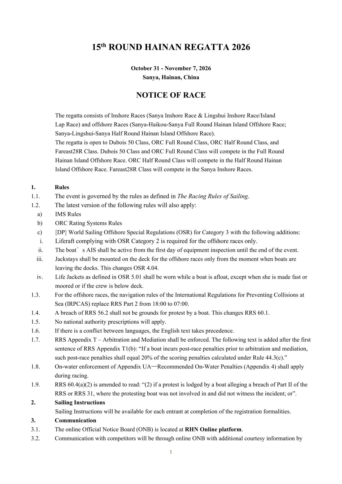 15th Round Hainan Regatta 2026 NOTICE OF RACE 竞赛通知-英文版(1)_01.jpg